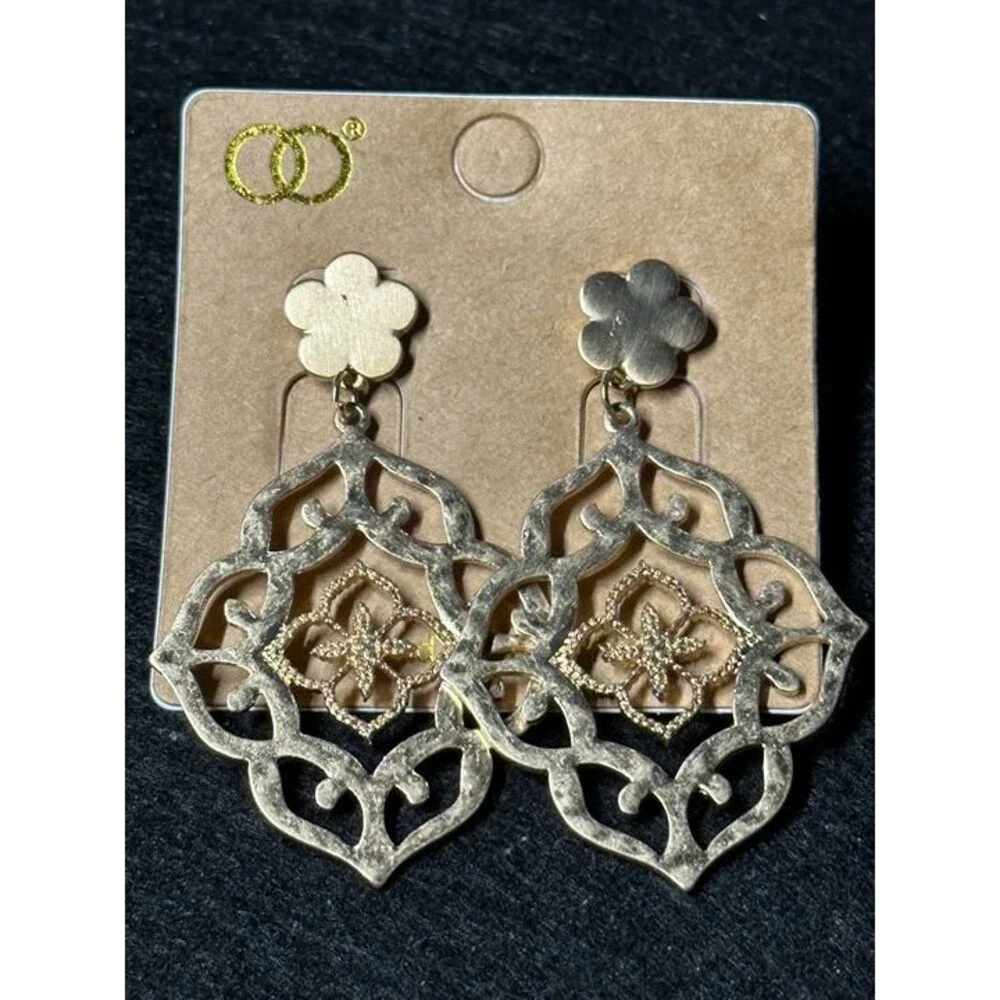 Gold Tone Moroccan Filigree Dangle Earrings Boho Statement Flower Style New